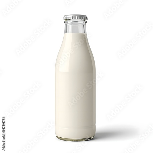 A glass bottle of milk standing alone on a white background