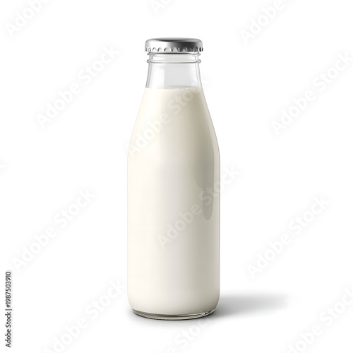 A glass bottle of milk on a white background