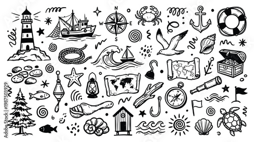 Live streaming doodle illustration of various beach objects and symbols