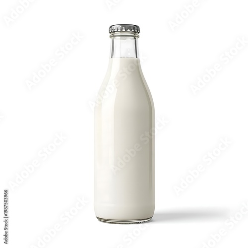 A glass bottle of milk standing alone on a white background