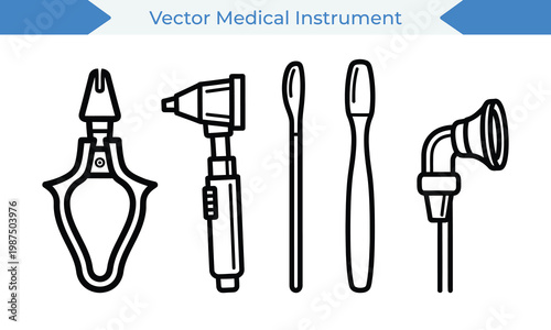 Essential medical instruments scalpel reflex hammer tongue depressor otoscope vector illustration