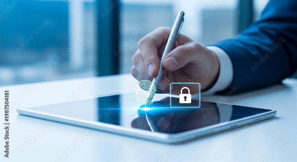 Naklejka premium A hand in a blue suit using a stylus on a tablet with a fingerprint scan 