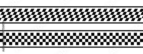 Set of borders, separators or dividers with checkered print. Tapes with rally flag, chess board, taxi or police pattern. Strips with repeated black and white squares. Vector graphic illustration