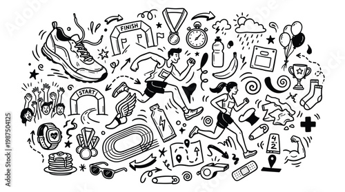 Illustration of people running with various sports equipment and doodles