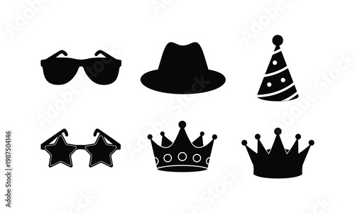 Party costumes and royalty accessories with crowns and glasses vector illustration monochrome.