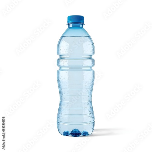 A clear plastic water bottle with a blue cap stands alone on a white background