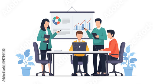 Business Meeting Team Collaboration with Charts and Data Presentation