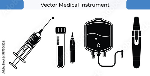 Essential medical instruments syringe test tube scalpel blood bag more vector illustration