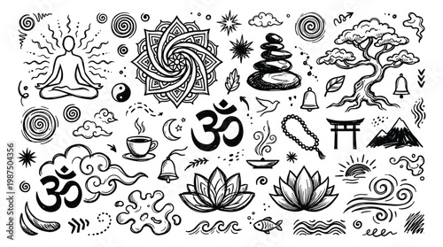 Mental health doodle illustrations depict serene natural scenery with om symbol