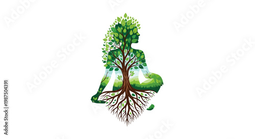 Meditating figure merged with a tree against a white backdrop