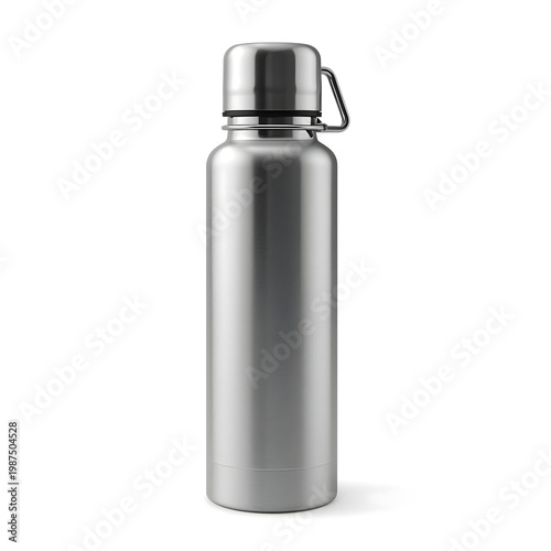A sleek silver metal water bottle with a screw-on cap and handle on a white background