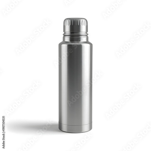 A sleek silver thermos standing alone on a white background