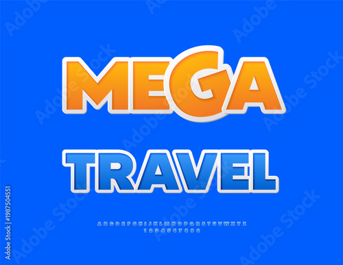 Vector Marketing flyer Mega Travel. Modern Blue Sticker Font. Classic Alphabet Letters and Numbers set.