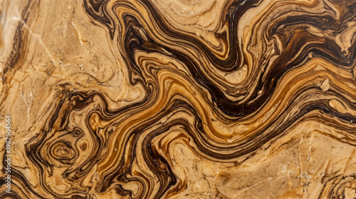 Fotografie Polished brown onyx marble stone with wavy fluid mineral textures
