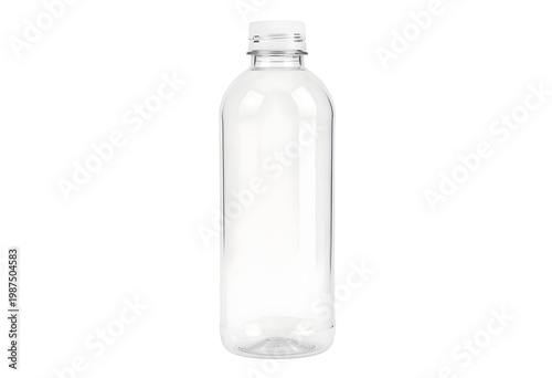 A clear glass bottle with a screw-top lid stands alone on a white background