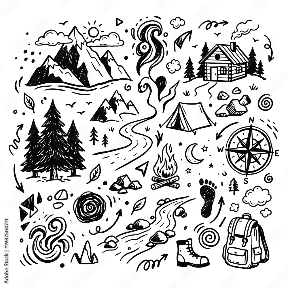 Fototapeta premium Camping adventure scene with mountains, house, tent, and trees at night