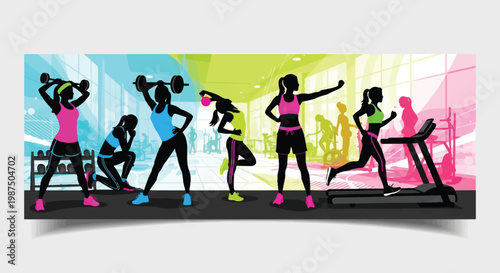 Diverse women engaging in various fitness activities in a vibrant gym setting
