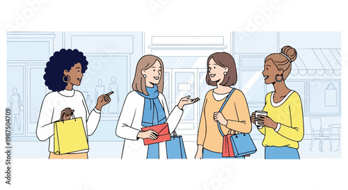 Four friends enjoying a shopping outing together and chatting happily