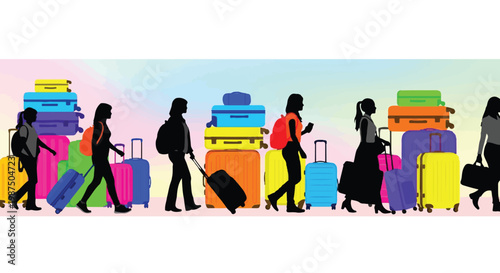 Diverse travelers navigating through an airport with colorful luggage