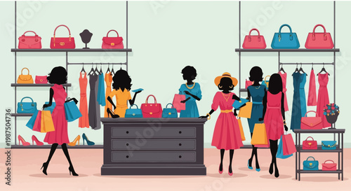 Women shopping for colorful handbags and accessories in a stylish boutique