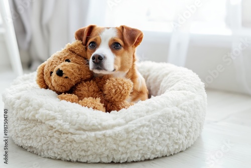 Dog and Cat Resting Together in a Cozy Bed at Home During Daytime