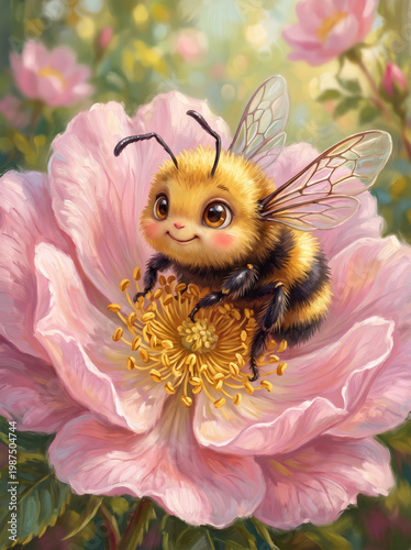drawing of a bee perched on the pistil of a pink flower