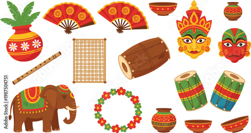 Cartoon Indian cultural elements including decorated pots, drums, masks, elephant, and garlands in vector illustration