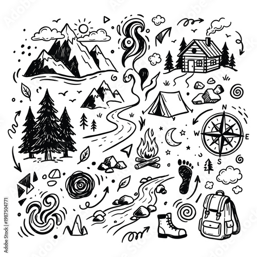 Camping adventure scene with mountains, house, tent, and trees at night