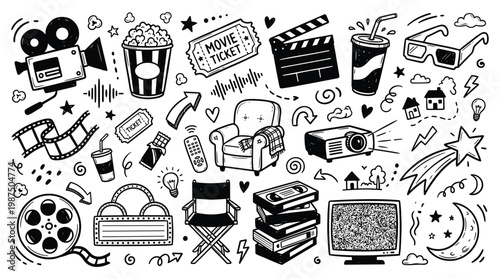 Doodle illustration of a lively movie festival with various film related objects