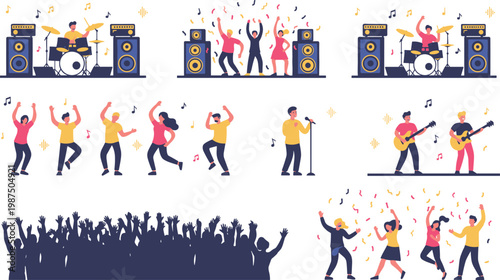 Cartoon music concert festival with musicians performing and cheering audience in lively vector illustration