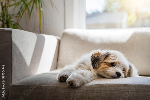 Dog Rests on a Couch in a Cozy Living Room During the Afternoon