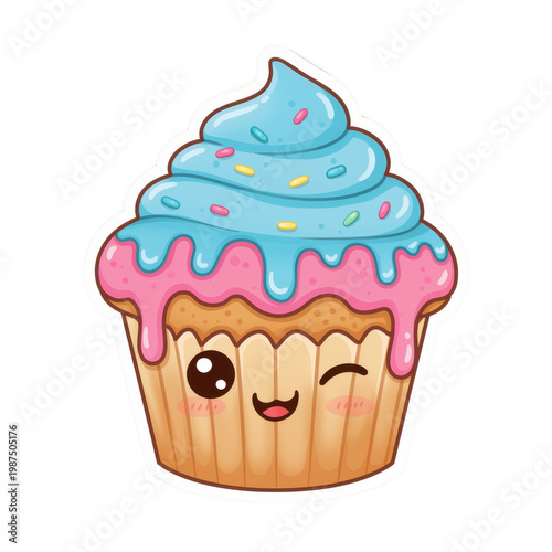 A cute cartoon cupcake with blue frosting and sprinkles isolated on white background
