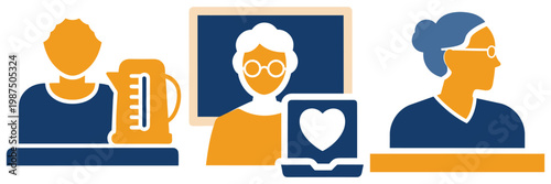 Diverse individuals engaged in daily activities including using a kettle, learning, and caring shown in simple illustrations.