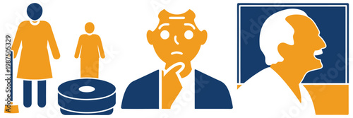 Set of icons depicting people and their life stages including older adults and symbols of assistance or challenges faced.