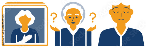 Vector icons portraying elderly individuals expressing confidence, uncertainty, and peace with various visual cues.