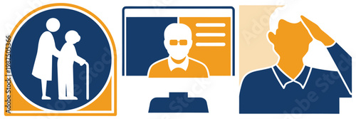 Icons illustrating support for seniors, online communication, and a salute gesture representing respect or greeting.