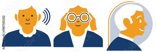 Icons depicting hearing, contemplation with glasses, and profile view of a person showing a calm and pleasant expression.