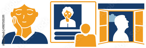 Sad person looking out window and distressed individual at screen with profile representing loneliness isolation and emotional struggles of modern life.