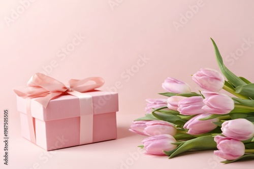 Gift Box With Ribbon and Pink Tulips on a Light Background in a Simple Setting