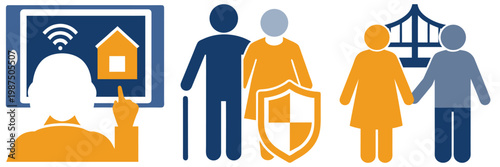 Smart home technology, elder care support, and family unity shown with flat icons and modern illustration.