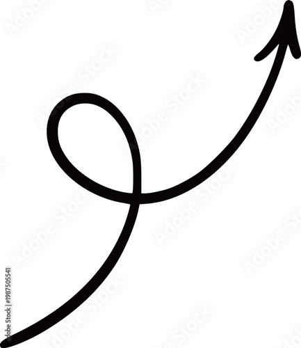 Hand drawn black curved arrow pointing to the right isolated on transparent background, Black curved arrow pointing right with slight upward arc on white background, isolated design element vector.