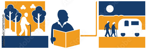 Senior people collection: old man walking in park, reading book, and couple camping. active aged lifestyle vector.