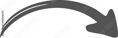 Hand drawn black curved arrow pointing to the right isolated on transparent background, Black curved arrow pointing right with slight upward arc on white background, isolated design element vector.