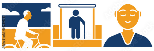 Senior men engaged in various activities: cycling, waiting for transport, and meditating. aged lifestyle vector set.