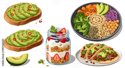 Vegan Food Illustration Set with Avocado Toast and Buddha Bowl, Healthy Plant Based Meal Graphics, Fruit Parfait and Tacos for Restaurant Menu and Wellness Design
