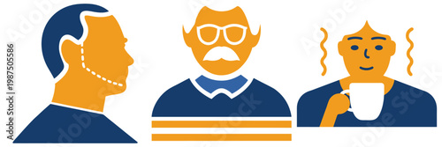 Diverse elderly individuals: man after shaving, man with mustache, and woman drinking warm beverage. aged portraits.