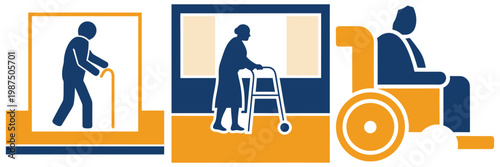 Three illustrations depicting elderly people using mobility aids such as a cane, a walker, and a wheelchair for support.