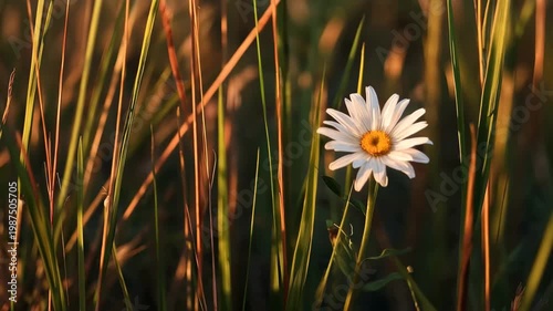 Bright white flower stands alone in tall grass during late afternoon in a field