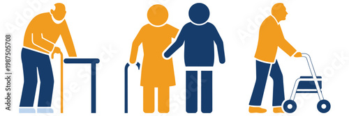 Three illustrations showing older adults using various mobility aids and receiving assistance, including a walker and a cane.