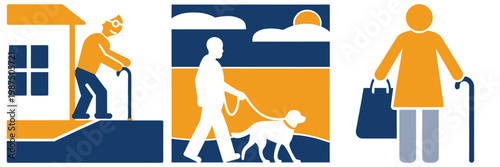 Elderly man walking with cane near home, person walking dog on leash, woman with shopping bag and cane.
